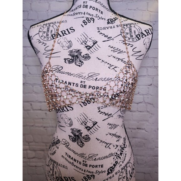 Womens Body Chain Bra Jewelry Halter Backless Rhinestone Top Chain Bikini AB Cup - Picture 2 of 10